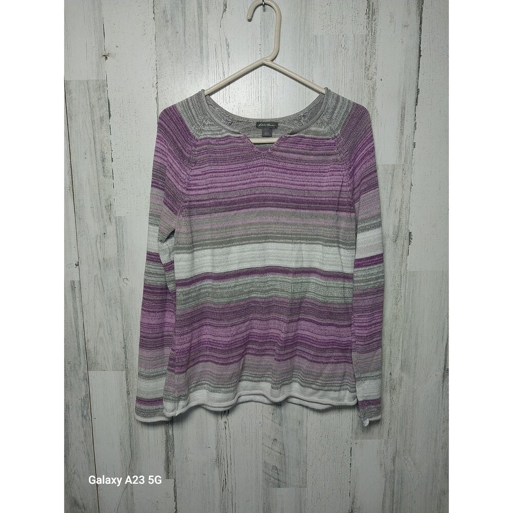 Eddie Bauer Womens Sweater Purple Gray Striped Long Sleeve Stretch Cotton Large